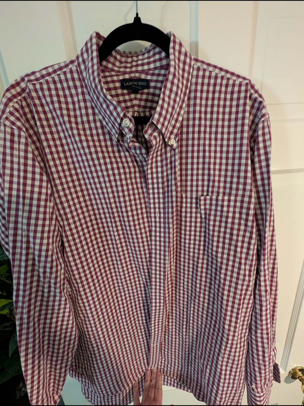 Lands' End Men's Burgundy and White Check Button-Down Shirt